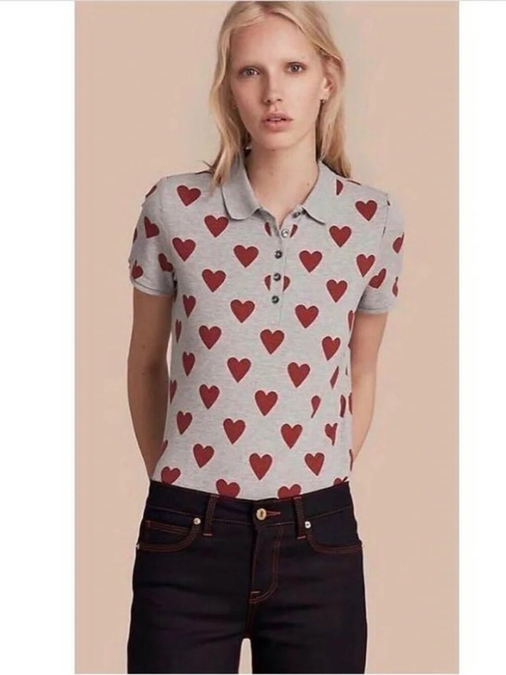 Burberry Brit Heart-Print Jersey Polo / Small Grey Parade Red Cotton Stretch